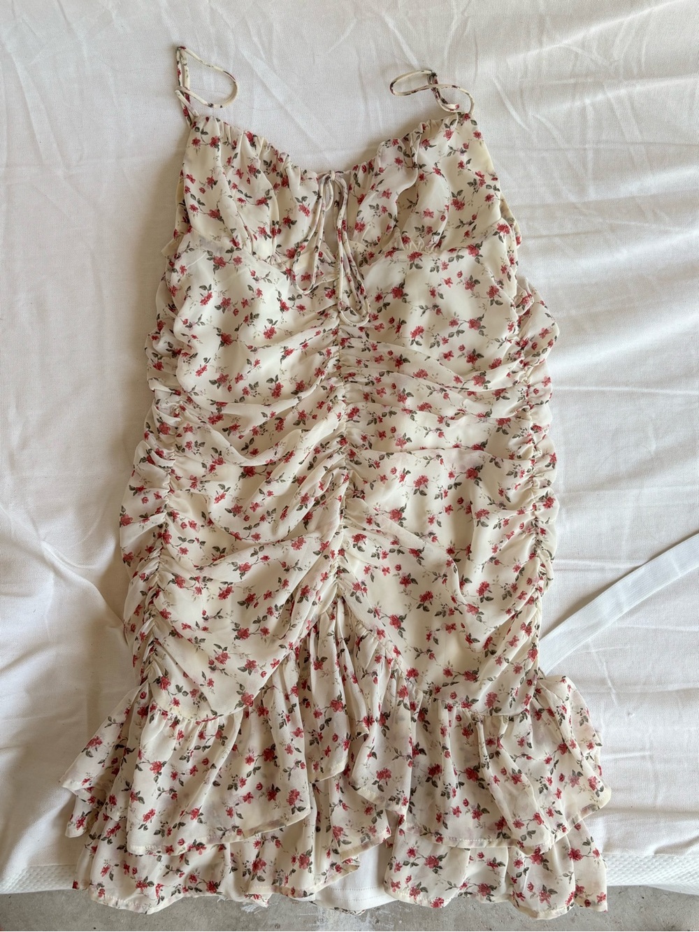 Floral Ruched Cream Mini Dress with Rose Print